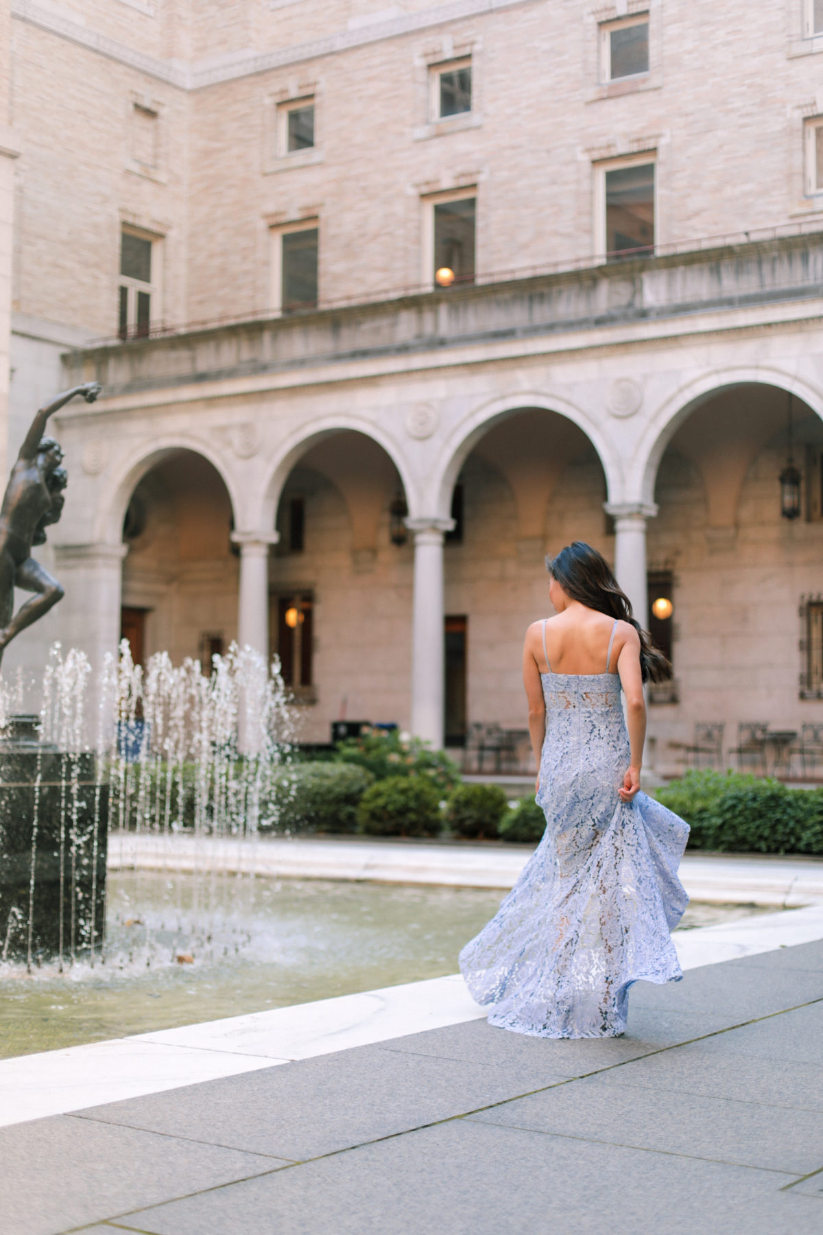 blue lace dress wedding guest outfit boston library