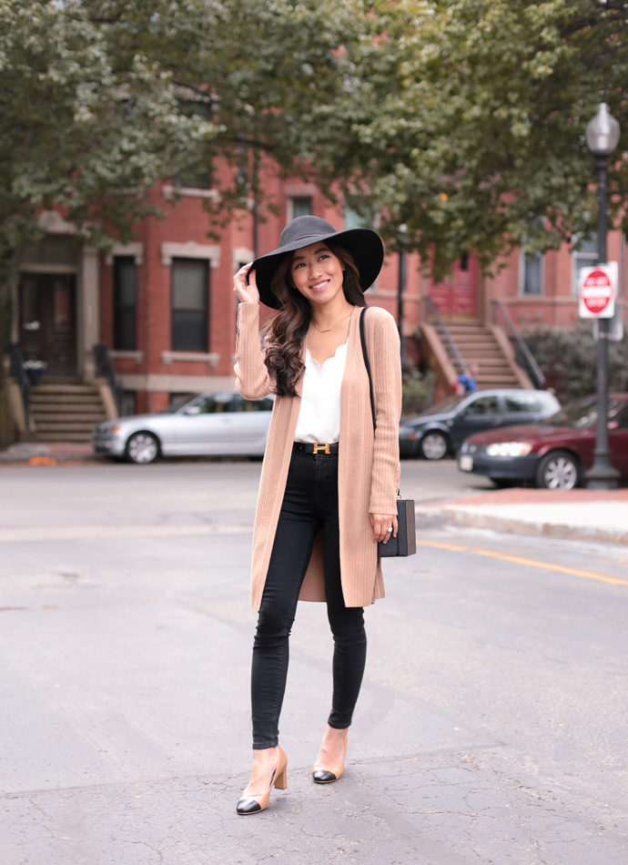 cap toe two tone pumps fall chanel style outfit