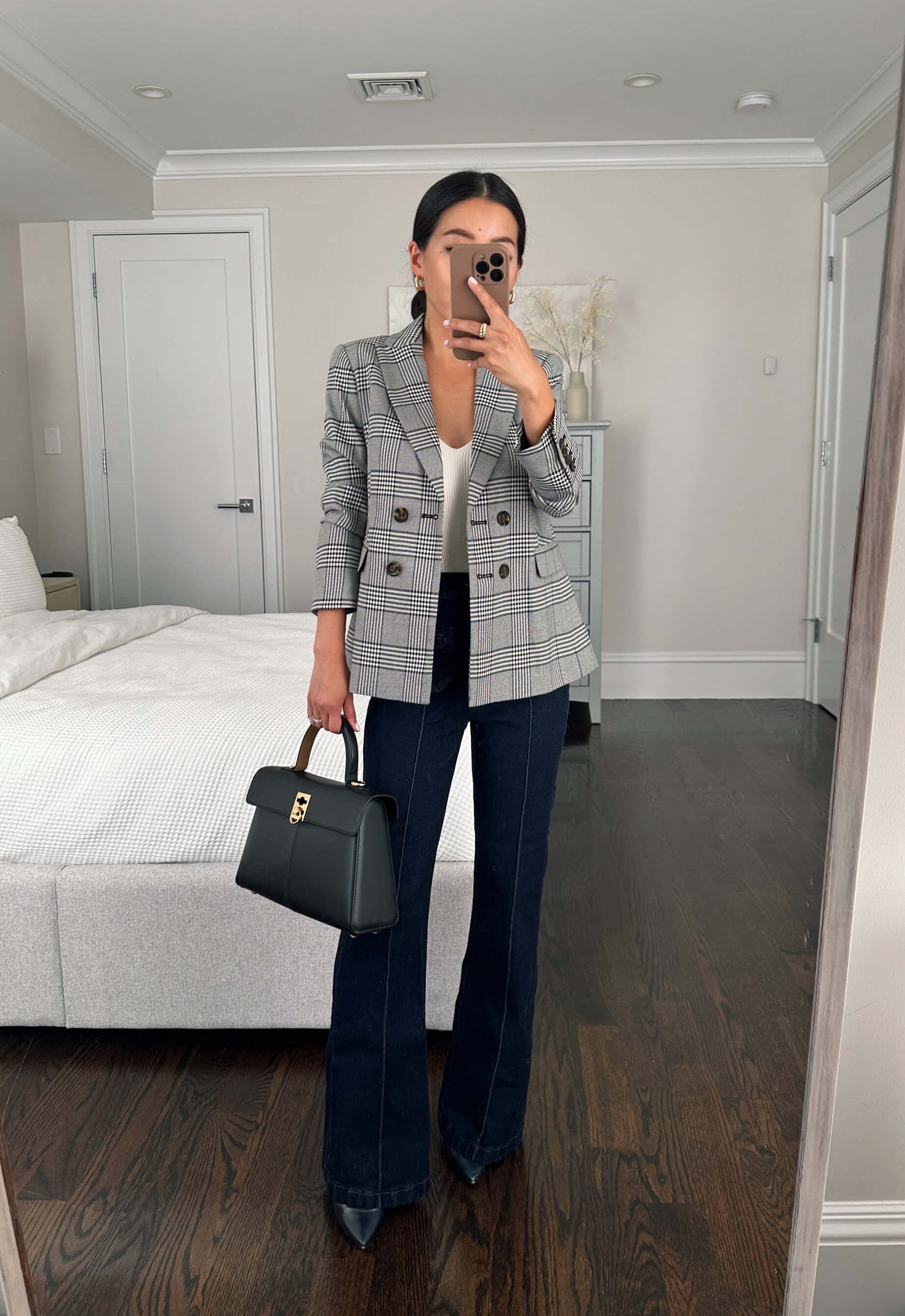 petite plaid blazer flare trouser jeans fall work outfit